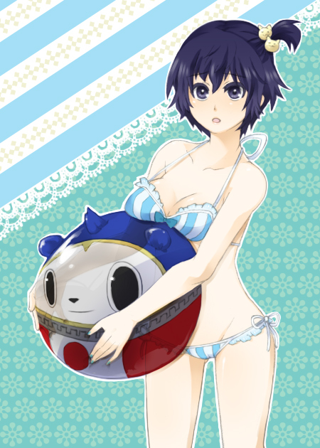 mot, shirogane naoto, atlus, persona, persona 4, bad id, bad pixiv id, 1girl, bikini, blue hair, breasts, cleavage, female focus, fingernails, hair bobbles, hair ornament, lowleg, lowleg bikini, medium breasts, nail (hardware), short hair, side-tie bikini bottom, solo, striped bikini, striped clothes, swimsuit, vertical-striped bikini, vertical-striped clothes
