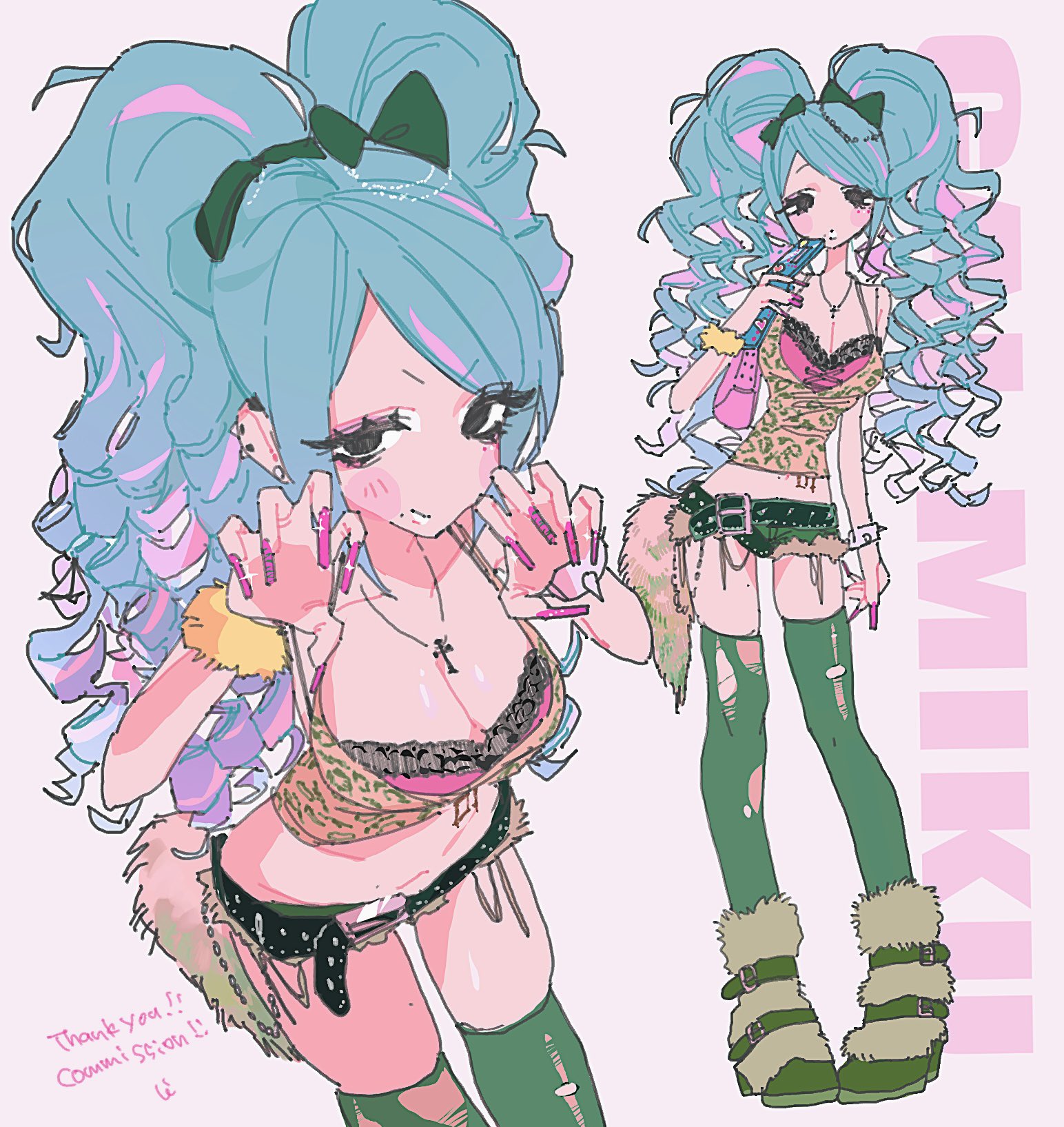 ao 6336, hatsune miku, vocaloid, commission, highres, animal print, aqua eyes, aqua hair, boots, breasts, cleavage, cross, cross necklace, curly hair, fingernails, gyaru, jewelry, leopard print, long fingernails, multicolored hair, nail polish, necklace, piercing, pink nails, rokku gyaru, scrunchie, short shorts, shorts, streaked hair, torn stockings, twintails, wrist scrunchie