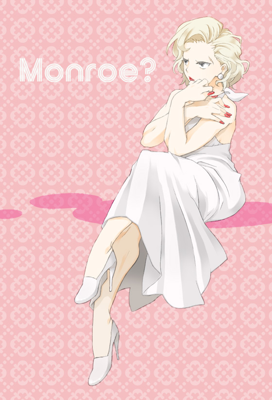mot, marilyn monroe, tatsumi kanji, atlus, persona, persona 4, bad id, bad pixiv id, 1boy, blonde hair, cosplay, crossdressing, crossdressing (mtf), fingernails, full body, high heels, male focus, marilyn monroe (cosplay), nail (hardware), pinup (style), scar, shoes, solo, trap