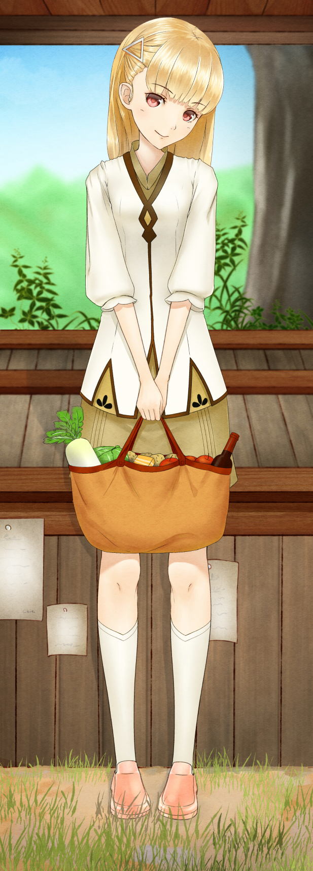 sugino souichi, rosetta, rune factory, rune factory frontier, commentary, highres, alcohol, apple, bag, blonde hair, cabbage, closed mouth, food, fruit, full body, grass, grocery bag, hair ornament, hairclip, holding, holding bag, leaf, on grass, pale skin, pink shoes, plant, red eyes, shoes, shopping bag, skirt, smile, socks, straight hair, vegetable, white socks, wine, yellow skirt