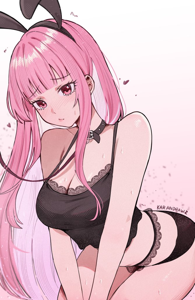 karandrawz, mori calliope, hololive, hololive english, 1girl, alternate costume, animal collar, animal ear hairband, animal ears, black camisole, black panties, breasts, camisole, cleavage, collar, fake animal ears, hairband, large breasts, leash, long hair, panties, pink eyes, pink hair, rabbit ears, solo, sweat, underwear, underwear only, virtual youtuber