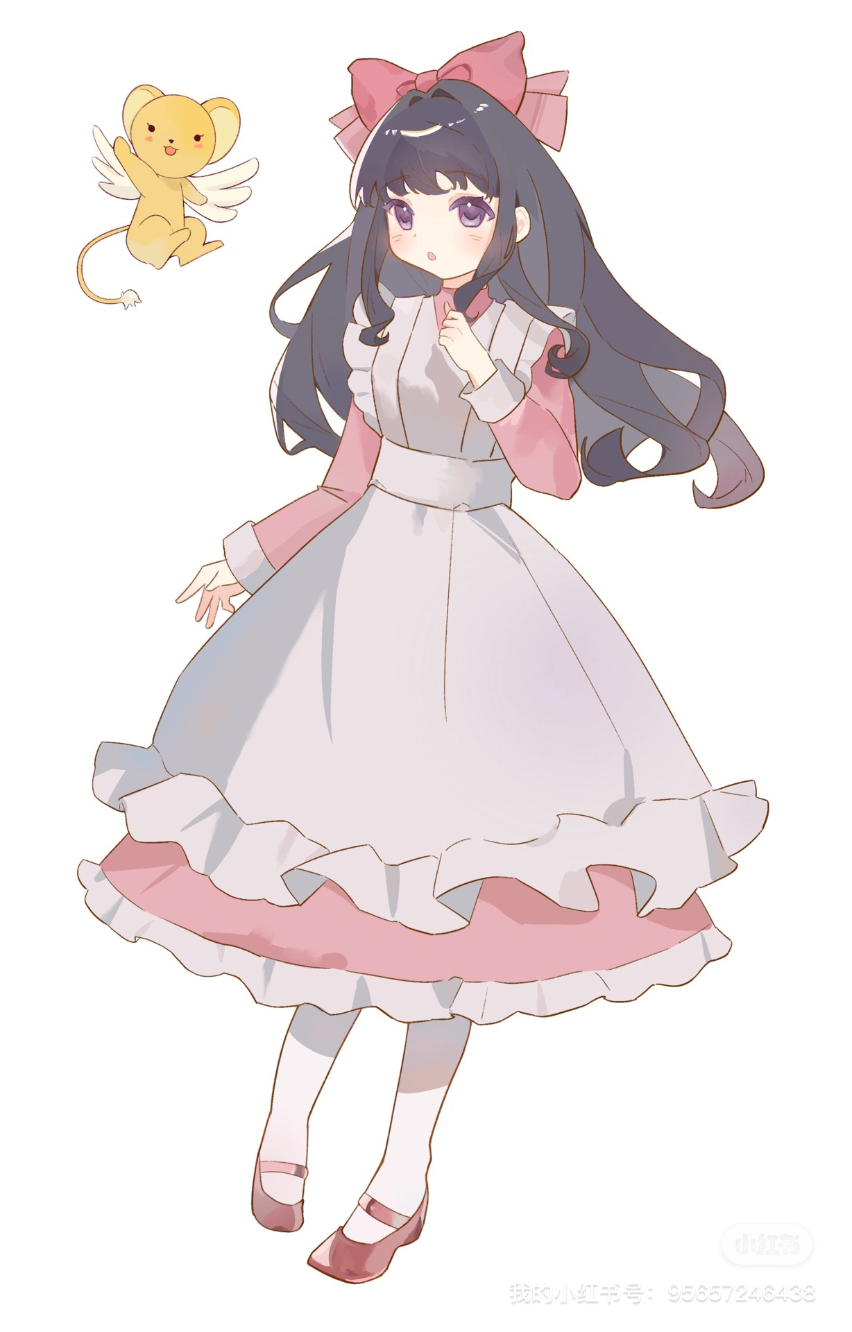 daidouji tomoyo, kero (cardcaptor sakura), cardcaptor sakura, chinese commentary, commentary request, highres, 1girl, :o, apron, black hair, bow, clenched hand, dot nose, dress, eyelashes, ferret, floating hair, frilled apron, frilled dress, frills, full body, hair bow, hand on own chest, large bow, light blush, long dress, long hair, long sleeves, looking at viewer, mary janes, open mouth, pantyhose, pink bow, pink dress, purple eyes, red shoes, shoes, sidelocks, simple background, sleeve cuffs, surprised, tareme, turtleneck, turtleneck dress, watermark, wavy hair, white apron, white background, white pantyhose, white sleeve cuffs, winged animal, xiaohongshu watermark, yonghu230350137