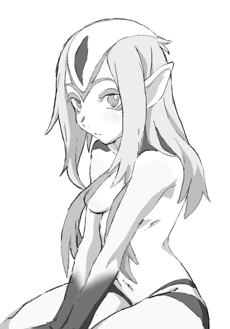 nakamura hayate, mutio, ao no roku-gou, 1girl, breasts, closed mouth, facial mark, forehead mark, greyscale, long hair, looking at viewer, monochrome, monster girl, navel, nude, pointy ears, simple background, solo, white background