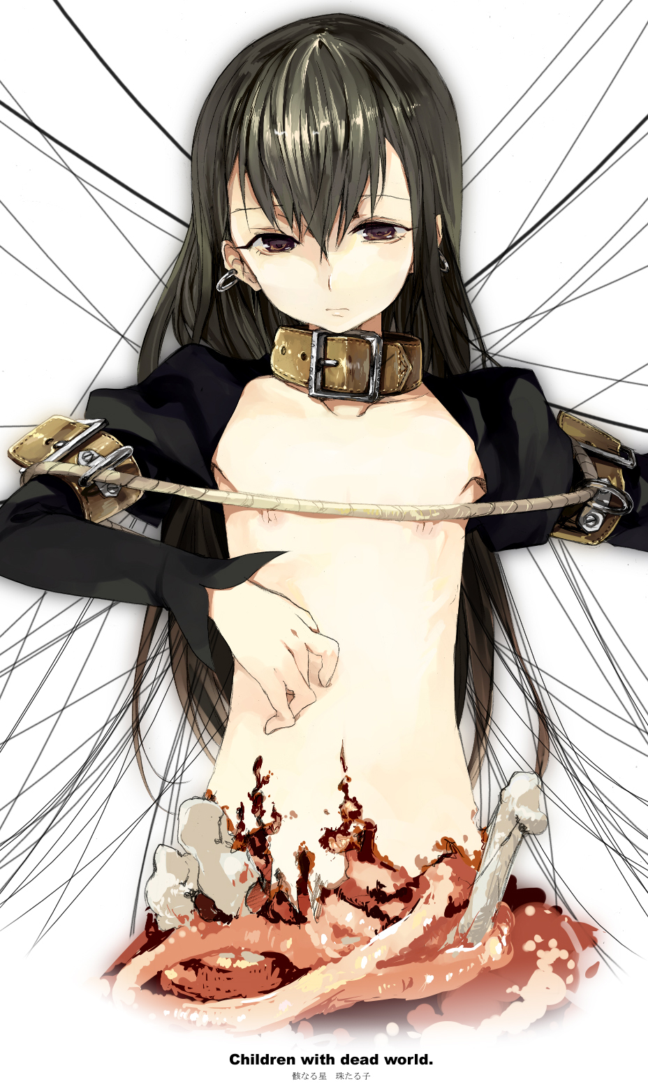 kaimuari, koga norio, narutaru, bad id, bad pixiv id, highres, 1boy, blood, bone, brown eyes, convenient censoring, earrings, ero guro, flat chest, guro, hip bones, intestines, jewelry, long hair, nipples, solo