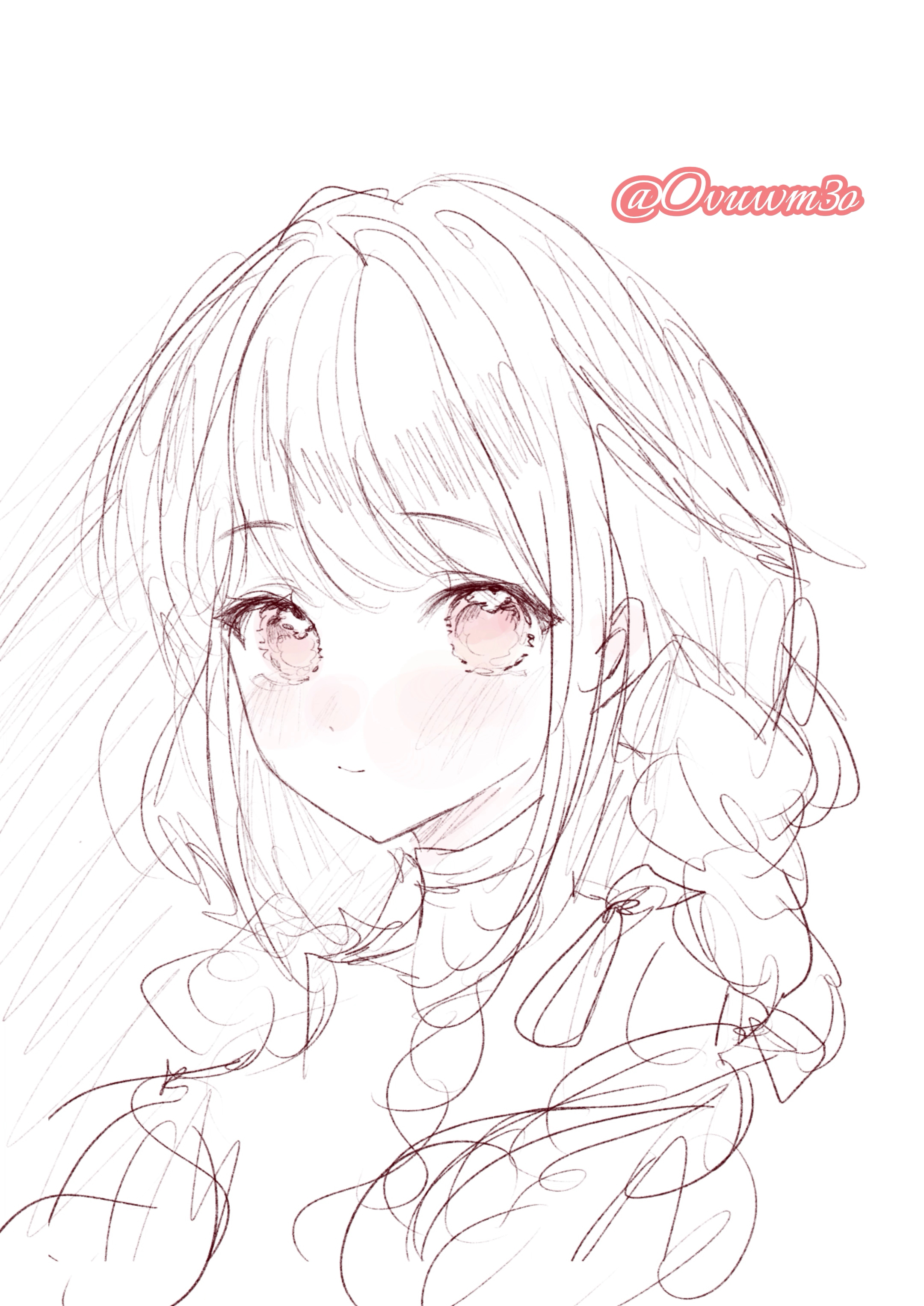 nikki (nikki), infinity nikki, nikki (series), absurdres, chinese commentary, commentary request, highres, 1girl, artist name, bow, choker, closed mouth, cropped torso, dot nose, greyscale, hair bow, hair over shoulder, hair ribbon, happy, light blush, long hair, low twintails, monochrome, ovuwm3o, pink eyes, ribbon, shadow, simple background, sketch, smile, solo, spot color, tress ribbon, twintails, white background