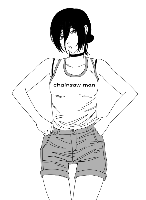 xyanaid, reze (chainsaw man), chainsaw man, commentary, english commentary, 1girl, bra strap, breasts, choker, greyscale, hair between eyes, hair bun, looking at viewer, medium breasts, monochrome, open mouth, shorts, solo, tank top