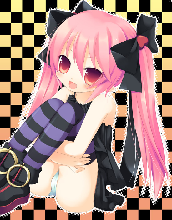 sazaki ichiri, original, bad id, bad pixiv id, bow, fang, hair bow, hair ribbon, hugging own legs, long hair, panties, pantyshot, pink hair, ribbon, sitting, solo, striped clothes, striped thighhighs, thighhighs, twintails, underwear, white panties