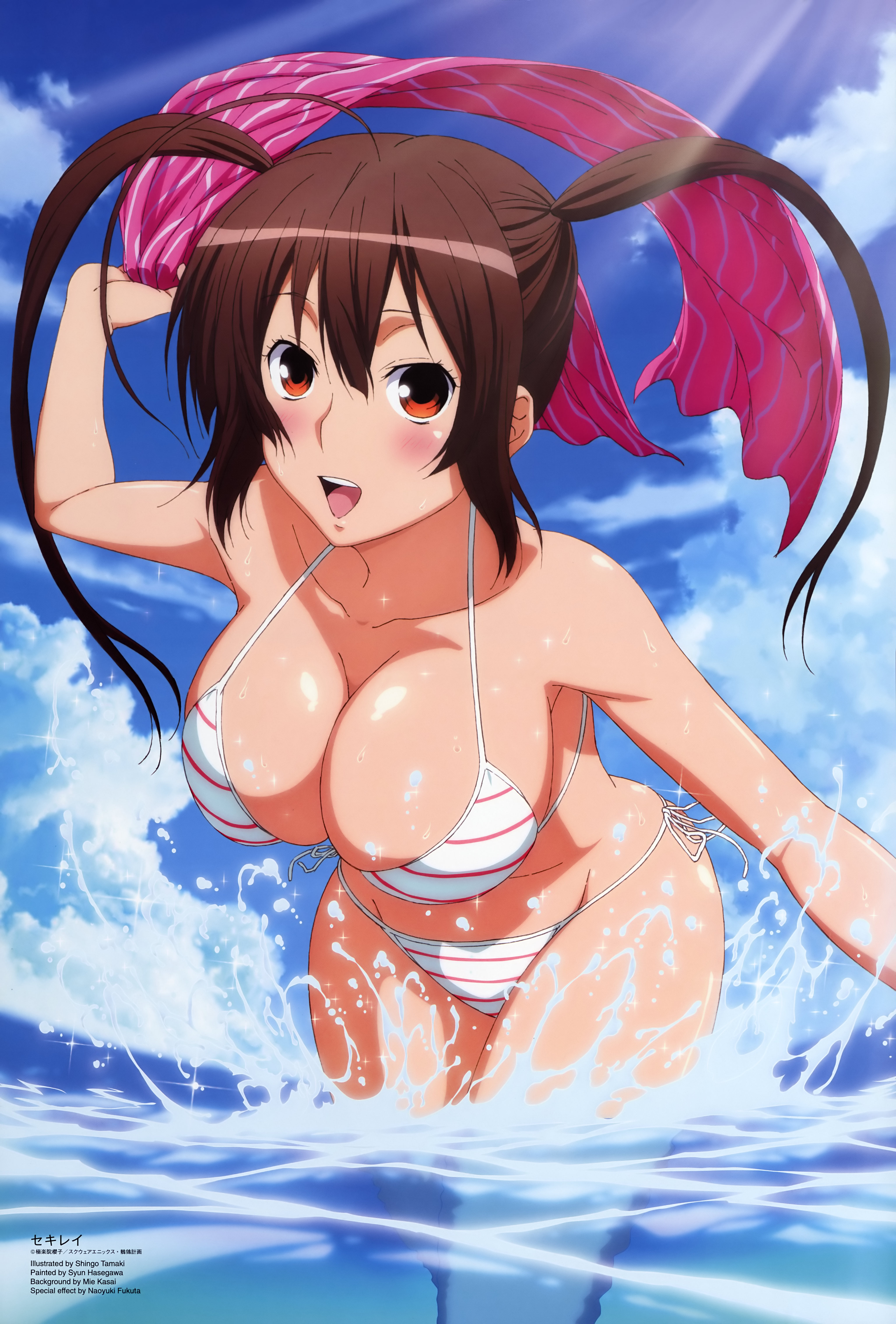 tamaki shingo, musubi, sekirei, absurdres, highres, official art, 00s, 1girl, ahoge, bikini, blush, breasts, brown hair, cleavage, cloud, day, female focus, large breasts, orange eyes, sarong, side-tie bikini bottom, solo, splashing, striped bikini, striped clothes, swimsuit, twintails, unworn sarong, wading, water, white bikini