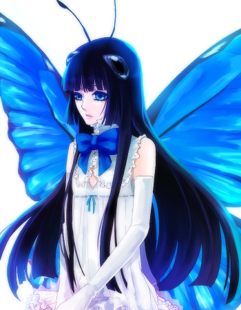 cage (artist), sasama keiji, bad id, bad pixiv id, lowres, 1girl, antennae, black hair, blue eyes, butterfly wings, dress, elbow gloves, fairy, female focus, gloves, insect wings, long hair, ribbon, solo, wings