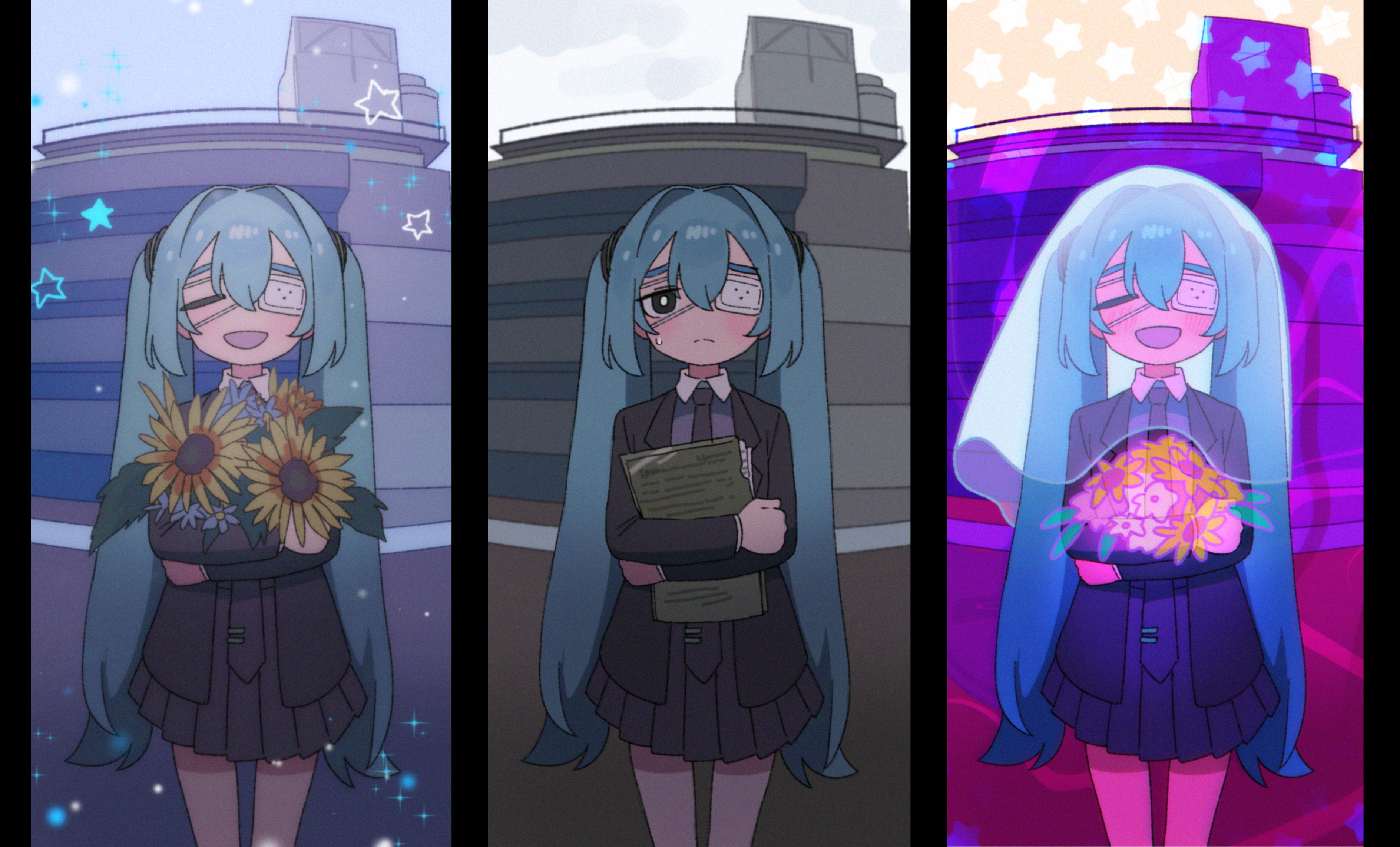 batrobin k, hatsune miku, monitoring (vocaloid), vocaloid, absurdres, commentary, highres, blue flower, blue hair, blush, bouquet, closed eyes, closed mouth, collared shirt, eyepatch, flower, hair between eyes, holding, holding bouquet, jacket, leaf, long hair, medical eyepatch, multiple views, necktie, open clothes, open jacket, open mouth, pleated skirt, shirt, skirt, sparkle, star (symbol), sunflower, sweat, twintails, veil, very long hair, yellow flower