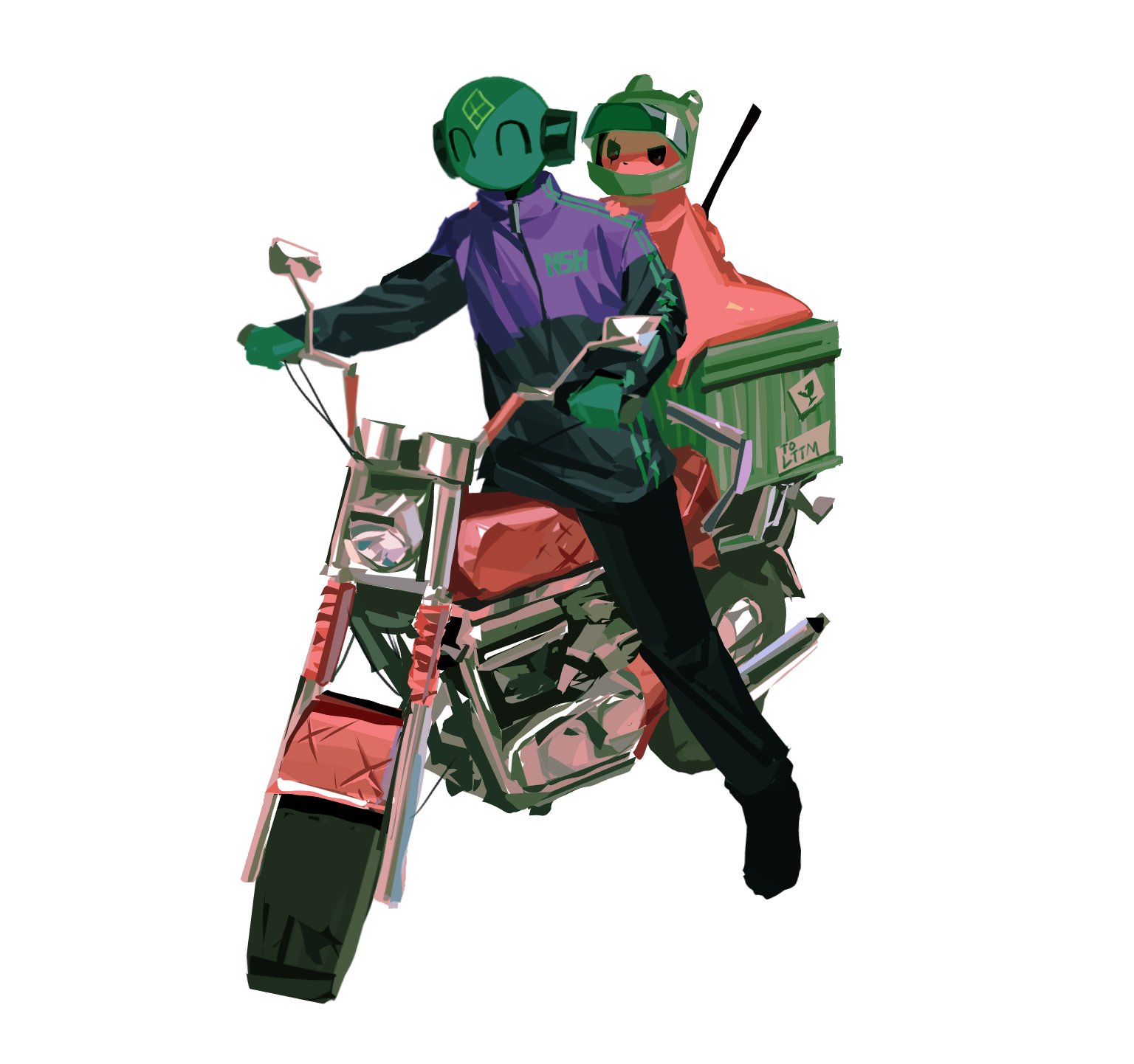 hunter (rain world), iterator (rain world), no significant harassment, slugcat, rain world, artist request, bad link, highres, source request, ^ ^, animal helmet, black eyes, black pants, character name, closed eyes, clothes writing, colored skin, creature, delivery, english text, facial mark, forehead mark, green skin, helmet, hood, hoodie, motor vehicle, motorcycle, motorcycle helmet, no humans, no mouth, on motorcycle, pants, robot, robot ears, scar, scar across eye, scar on face, simple background, white background