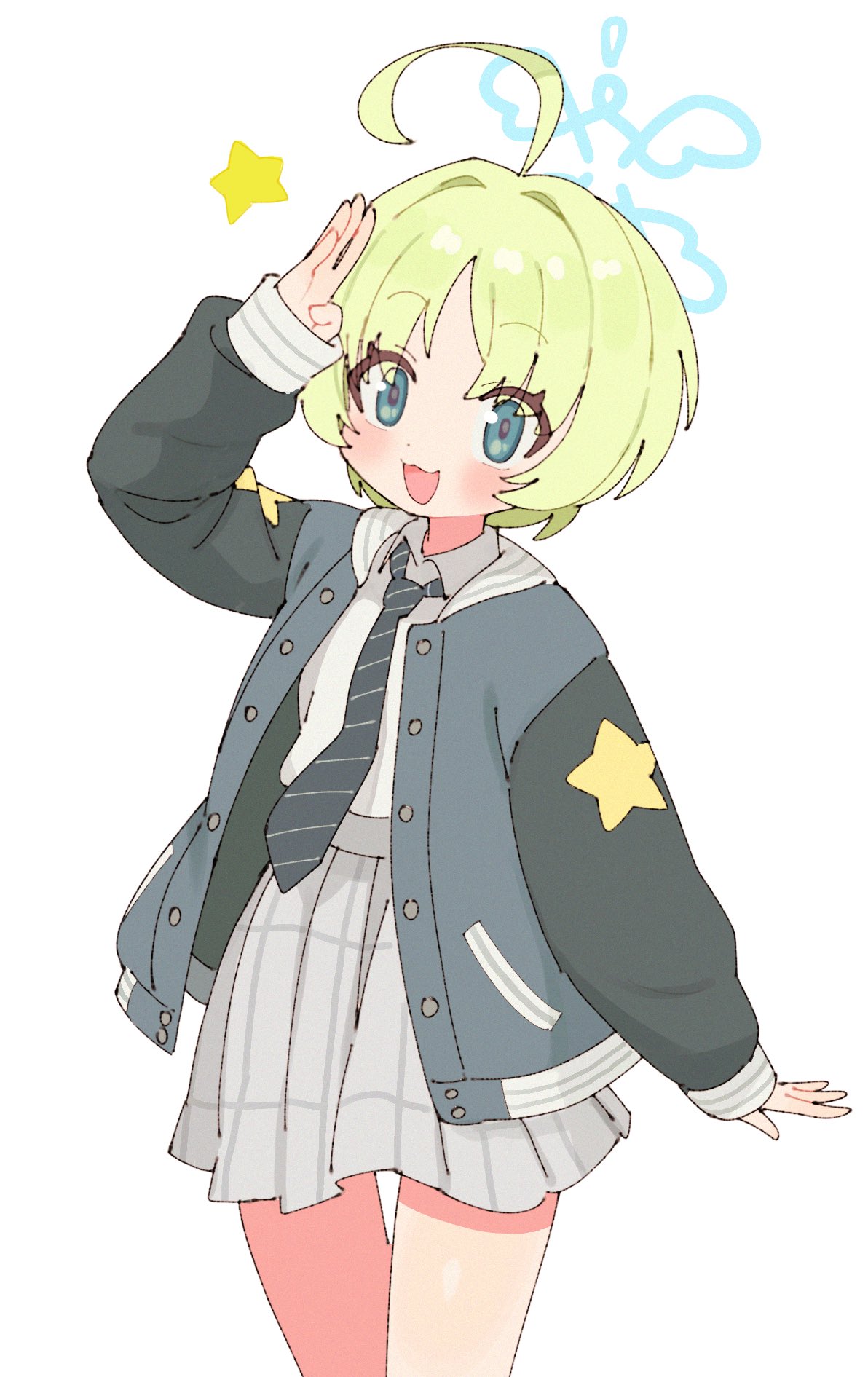 batrobin k, blue archive, commentary, highres, 1girl, ahoge, blue eyes, blush, collared shirt, green hair, grey skirt, halo, jacket, long sleeves, looking at viewer, open clothes, open jacket, open mouth, ritsu (blue archive), salute, shirt, shirt tucked in, short hair, simple background, skirt, sleeves past wrists, solo, star (symbol), white background, white shirt