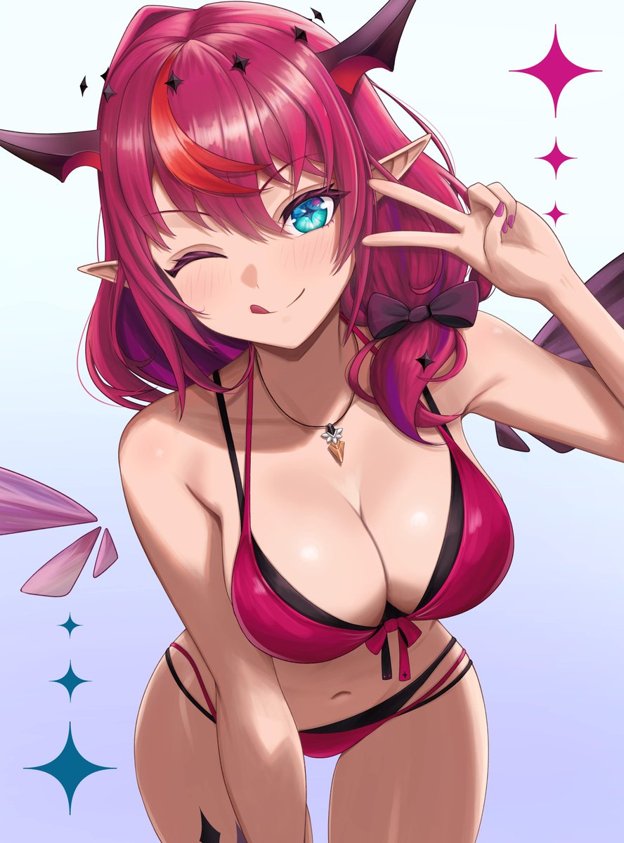 altean, irys (hololive), irys (holonatsu paradise) (hololive), hololive, hololive english, highres, 1girl, ;q, bikini, black bow, black horns, blue background, blue eyes, bow, breasts, cleavage, closed mouth, crystal wings, detached wings, gradient background, hair bow, halterneck, horns, jewelry, large breasts, leaning forward, long hair, navel, necklace, official alternate costume, one eye closed, pointy ears, purple bikini, purple hair, purple nails, red streaks, solo, string bikini, swimsuit, tongue, tongue out, virtual youtuber, wings