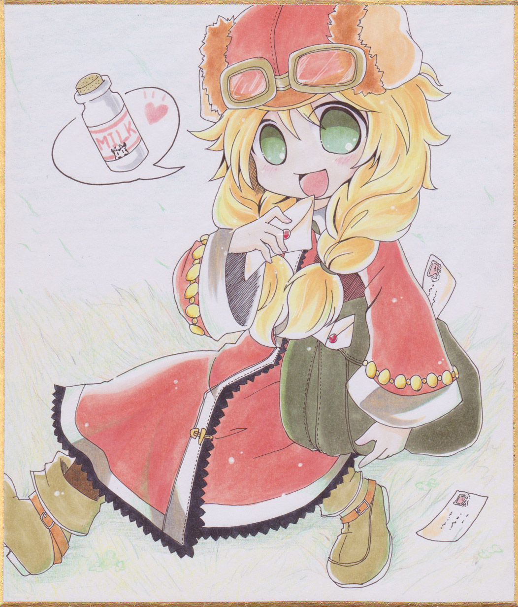 kamui setsuna, anette, rune factory, rune factory frontier, highres, marker (medium), traditional media, :d, boots, bottle, braid, full body, goggles, goggles on headwear, green eyes, hat, heart, letter, milk bottle, open mouth, pale skin, red hat, shikishi, smile, twin braids