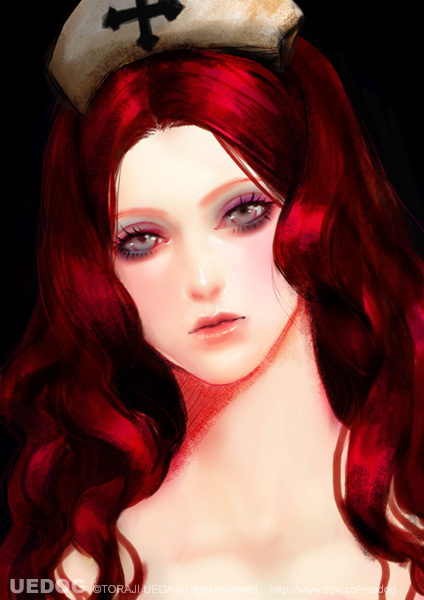 ueda toraji, bad id, bad pixiv id, 1girl, female focus, hat, headdress, lips, long hair, makeup, portrait, red hair, solo, wavy hair