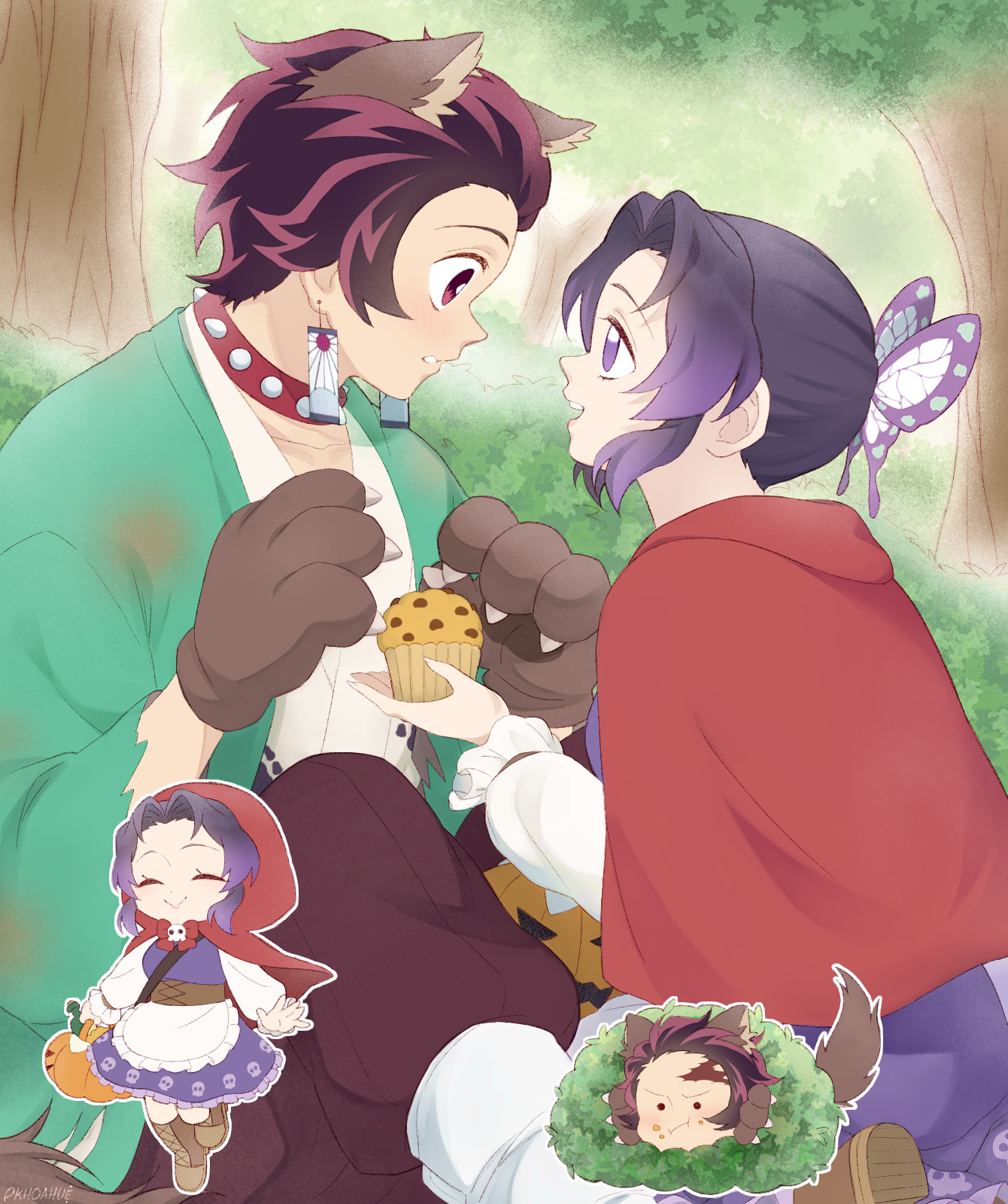 big bad wolf, kamado tanjirou, kochou shinobu, little red riding hood (fairy tale character), kimetsu no yaiba, little red riding hood (fairy tale), original, highres, animal costume, animal ears, basket, big bad wolf (cosplay), blue butterfly, bug, butterfly, capelet, cloak, cosplay, earrings, hanafuda earrings, holding, holding basket, hood, hood up, hooded capelet, hooded cloak, insect, jewelry, kishimen hair, little red riding hood (fairy tale character) (cosplay), picnic basket, red capelet, red cloak, red hood, scar, scar on face, scar on forehead, updo, user fhwv8447, wolf, wolf boy, wolf costume, wolf ears