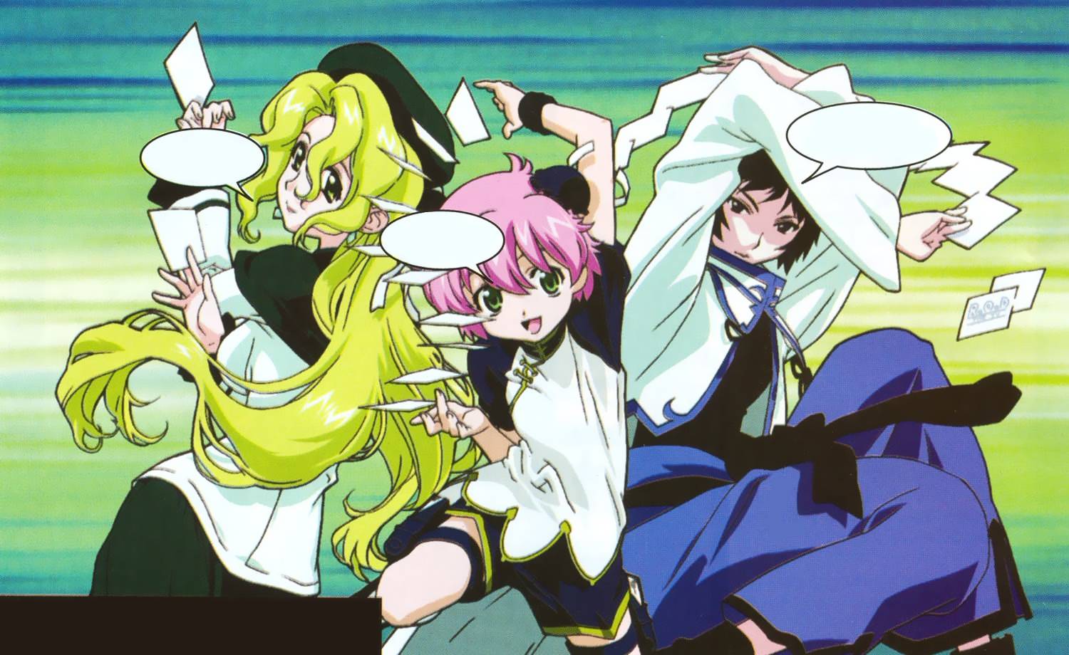 ishihama masashi, anita king, maggie mui, michelle cheung, r.o.d the tv, read or die, official art, scan, 00s, 3girls, :d, androgynous, arms up, beret, black eyes, black hair, blonde hair, bun cover, capelet, child, chinese clothes, double bun, dual wielding, earrings, flat chest, flying paper, green eyes, hair bun, hat, holding, jacket, jewelry, jumping, long hair, looking back, multiple girls, open clothes, open jacket, open mouth, paper, pink hair, raglan sleeves, sash, short hair, shorts, skirt, smile, speech bubble, thigh strap, tomboy, turtleneck, very long hair, wavy hair, wristband, yellow eyes