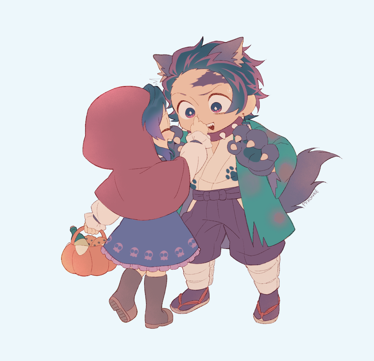 big bad wolf, kamado tanjirou, kochou shinobu, little red riding hood (fairy tale character), kimetsu no yaiba, little red riding hood (fairy tale), original, highres, animal costume, animal ears, basket, big bad wolf (cosplay), blue butterfly, bug, butterfly, capelet, cloak, cosplay, earrings, full body, hanafuda earrings, holding, holding basket, hood, hood up, hooded capelet, hooded cloak, insect, jewelry, kishimen hair, little red riding hood (fairy tale character) (cosplay), picnic basket, red capelet, red cloak, red hood, scar, scar on face, scar on forehead, simple background, standing, updo, user fhwv8447, wolf, wolf boy, wolf costume, wolf ears
