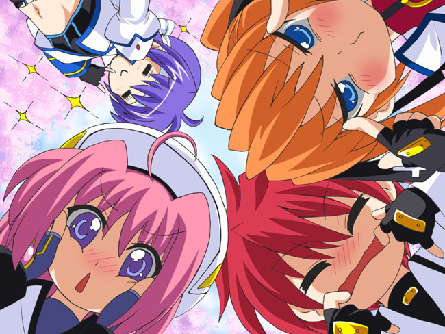 kirisawa tokito, caro ru lushe, erio mondial, kerykeion (nanoha), subaru nakajima, teana lanster, lucky star, lyrical nanoha, mahou shoujo lyrical nanoha, mahou shoujo lyrical nanoha strikers, 1boy, 3girls, ahoge, blue hair, fingerless gloves, gloves, hat, m/, magical boy, magical girl, multiple girls, orange hair, parody, pink hair, twintails
