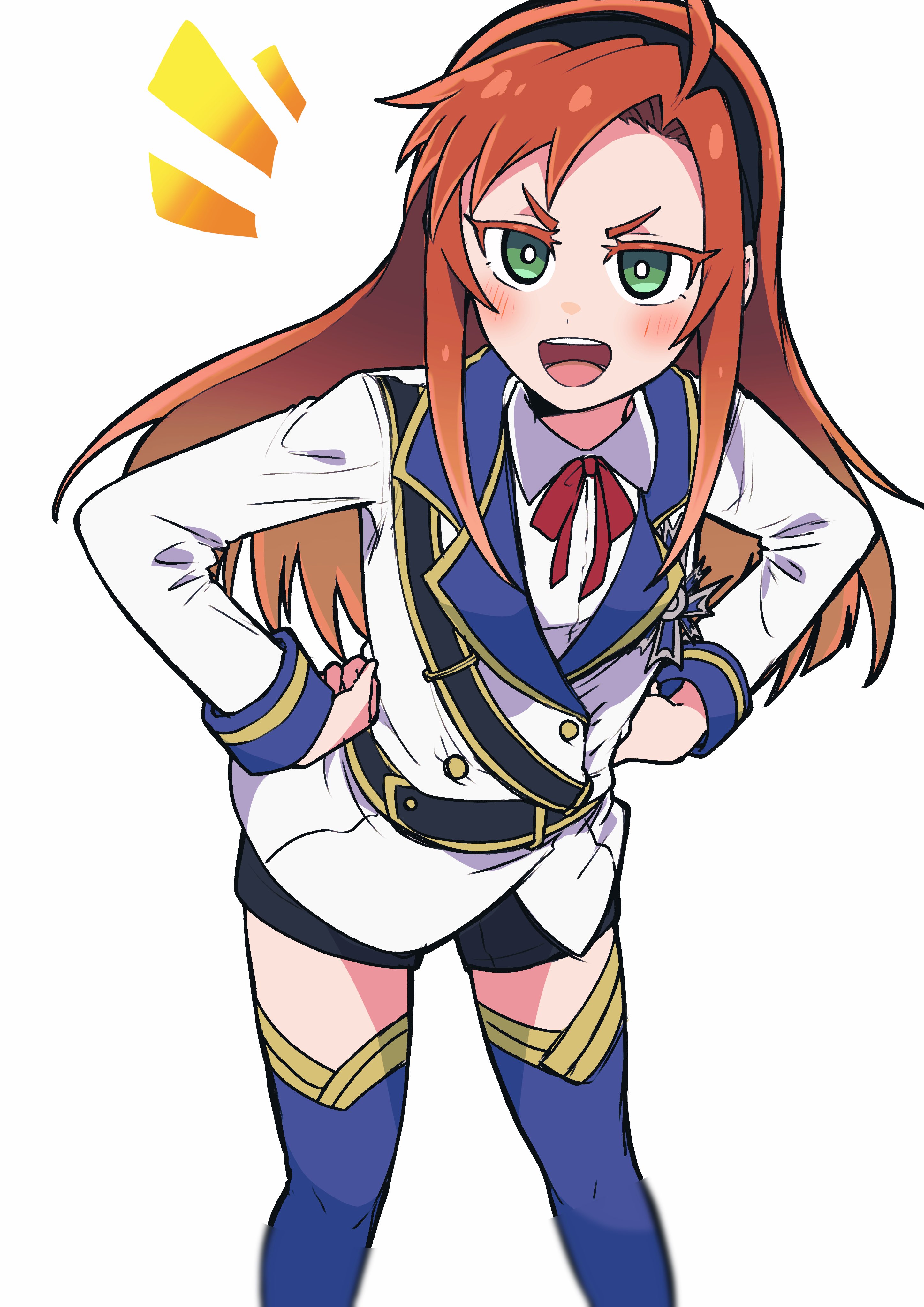 otyumamii, hinaichi (kyuuketsuki sugu shinu), kyuuketsuki sugu shinu, absurdres, character request, commentary request, copyright request, highres, 1girl, :d, belt, black belt, black hairband, black shorts, blue thighhighs, bow, bright pupils, buttons, colored eyelashes, double-breasted, flat chest, green eyes, hairband, hands on own hips, jacket, long hair, looking at viewer, medal, open mouth, orange hair, red bow, shirt, shorts, smile, solo, thighhighs, white background, white jacket, white pupils, white shirt, yellow trim