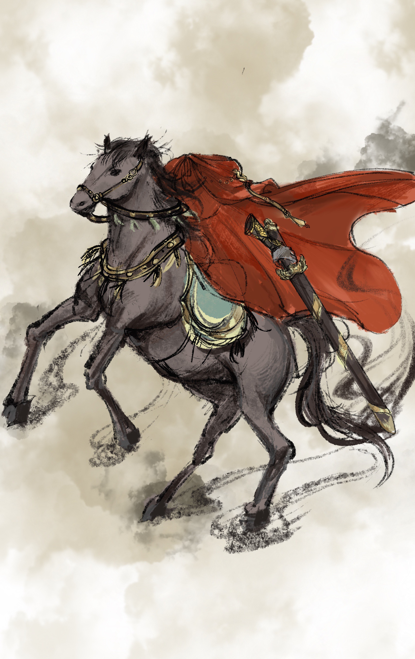 ah yun, a knight (reverse:1999), reverse:1999, absurdres, commission, highres, alternate costume, bridle, cape, horse, horseback riding, invisible, paper background, red cape, riding, saddle, scabbard, sheath