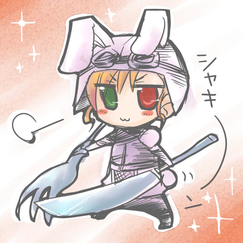 kajikawa yahiro, vivio, lyrical nanoha, mahou shoujo lyrical nanoha, mahou shoujo lyrical nanoha strikers, lowres, 00s, 1girl, :3, animal ears, female focus, fork, goggles, heterochromia, knife, oversized object, rabbit ears, solo