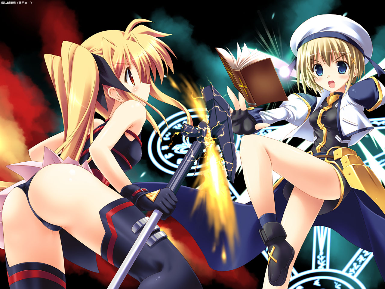 kouzuki hajime, bardiche (haken form) (nanoha), bardiche (nanoha), fate testarossa, fate testarossa (lightning form), tome of the night sky, yagami hayate, lyrical nanoha, mahou shoujo lyrical nanoha, mahou shoujo lyrical nanoha a's, 00s, ass, blonde hair, blue eyes, blush, fingerless gloves, gloves, magic circle, open mouth, red eyes, thighhighs, wings