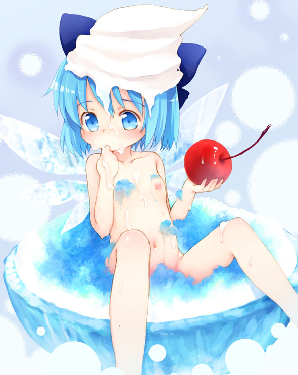 kito (sorahate), cirno, embodiment of scarlet devil, touhou, bad id, bad pixiv id, 1girl, blue hair, breasts, cherry, completely nude, fairy, female focus, finger to mouth, flat chest, food, fruit, holding, holding food, holding fruit, in food, loli, mini person, minigirl, nipples, nude, ribbon, shaved ice, short hair, solo, sweets, whipped cream, wings