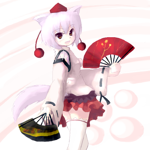 tsubasa (abchipika), inubashiri momiji, touhou, lowres, 1girl, animal ears, ass, female focus, folding fan, hand fan, hat, looking back, oekaki, orange eyes, skirt, smile, solo, tail, thighhighs, white hair, wolf ears, wolf tail, zettai ryouiki