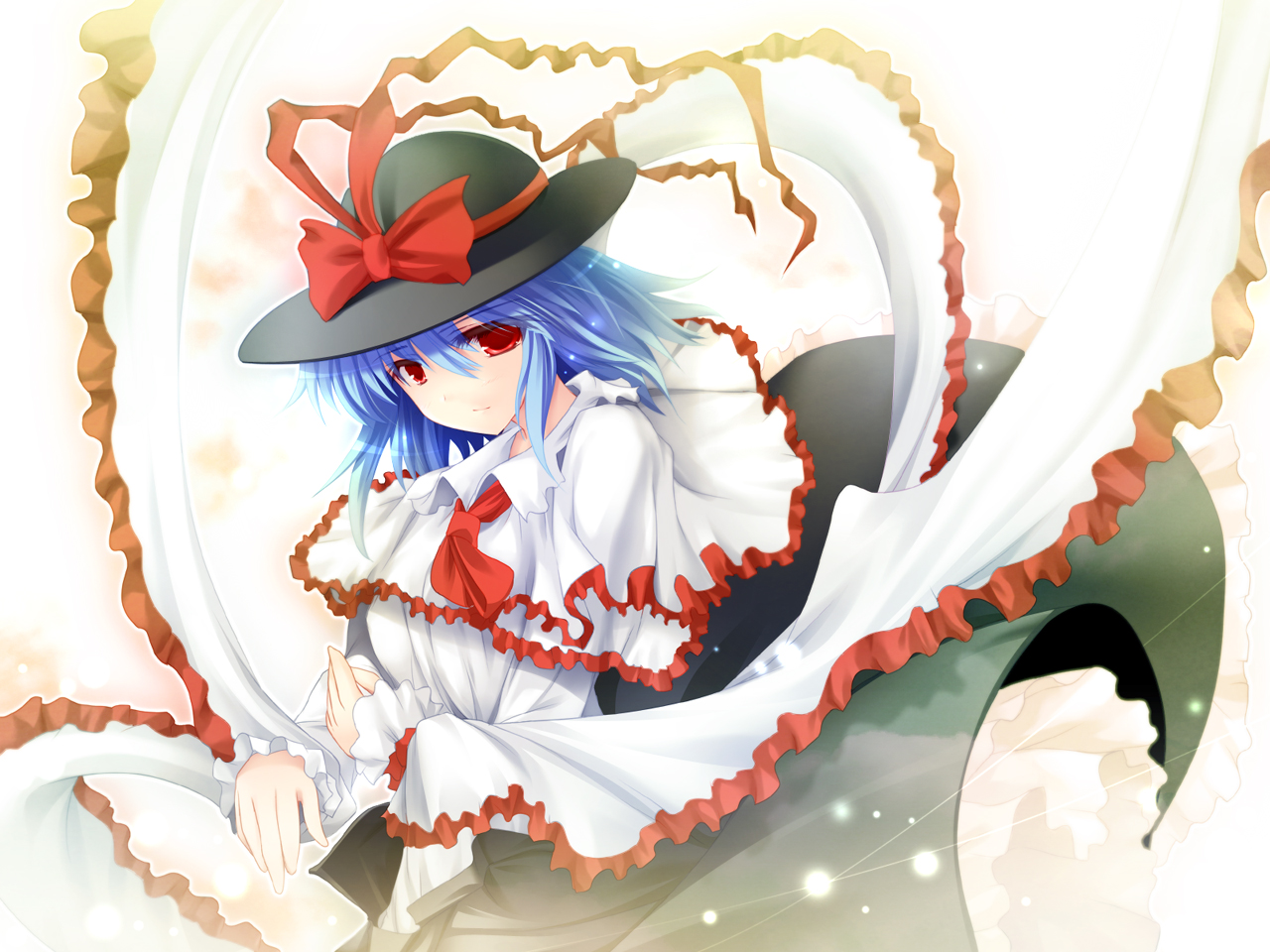 ai takurou, nagae iku, touhou, 1girl, bow, female focus, frills, hat, purple hair, red eyes, ribbon, shawl, short hair, solo