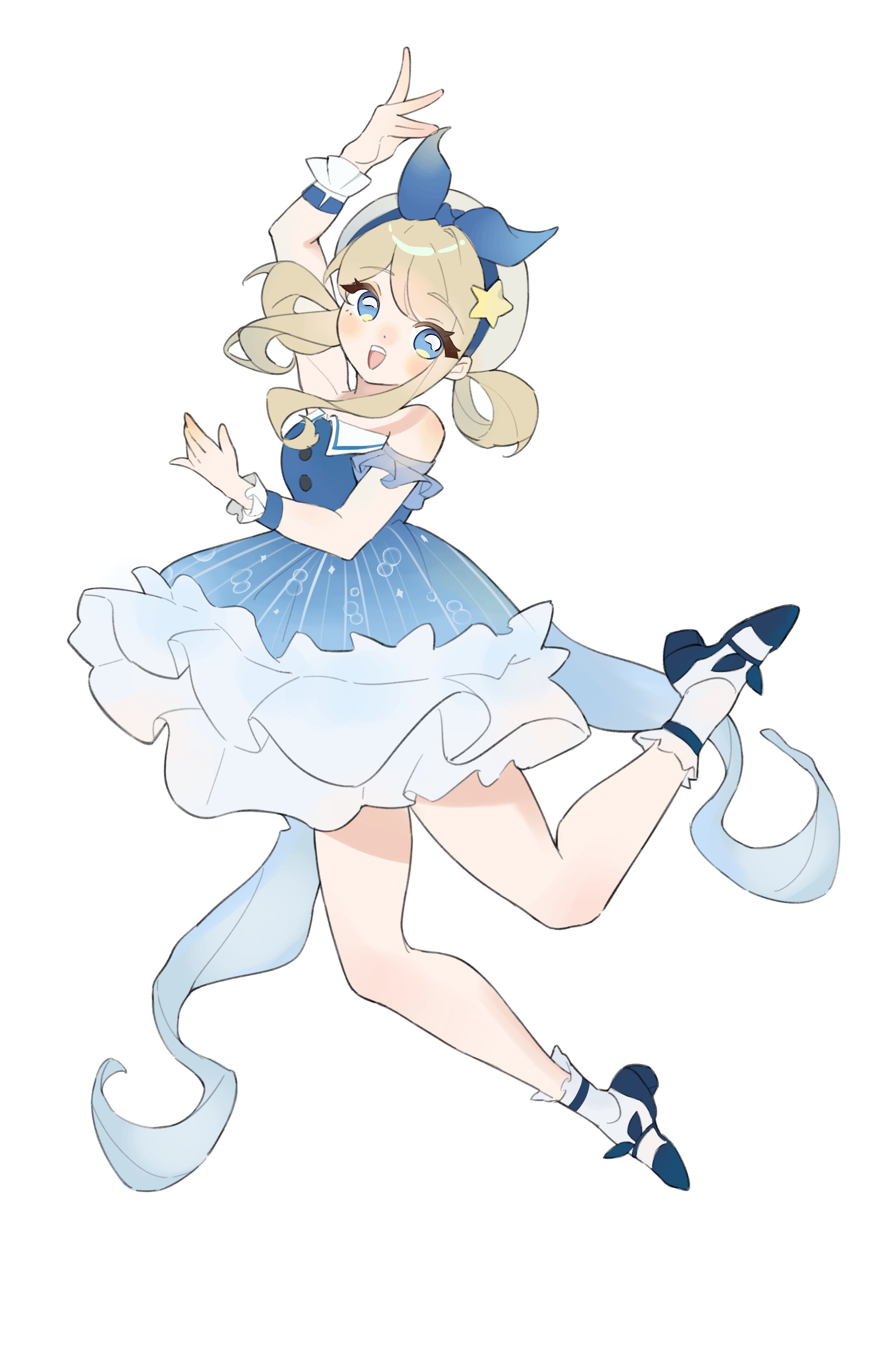 bubbly voyage (infinity nikki), infinity nikki, nikki (series), absurdres, chinese commentary, commentary request, highres, 1girl, arm up, back ribbon, bare shoulders, beret, black bow, black shoes, blonde hair, blue bow, blue dress, blue eyes, blue ribbon, blue sleeves, blue wrist cuffs, bow, bubble print, buttons, collared dress, detached sleeves, dot nose, dress, eyelashes, footwear bow, frilled dress, frilled sleeves, frilled socks, frilled wrist cuffs, frills, full body, grey hat, hair rings, happy, hat, hat bow, hat ornament, high heels, jumping, light blush, looking at viewer, open mouth, print dress, pumps, ribbon, see-through clothes, see-through sleeves, shoes, short dress, short hair with long locks, short sleeves, sidelocks, simple background, smile, socks, solo, star (symbol), star hat ornament, strapless, strapless dress, striped clothes, striped dress, swept bangs, tareme, teeth, upper teeth only, vertical-striped clothes, vertical-striped dress, white background, white socks, wrist cuffs, yonghu230350137