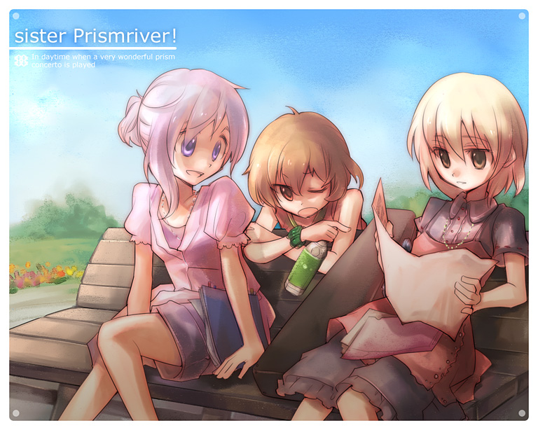inuinui, lunasa prismriver, lyrica prismriver, merlin prismriver, touhou, 3girls, alternate hairstyle, bench, blonde hair, bottle, brown hair, casual, female focus, multiple girls, pink hair, ponytail, purple eyes, red eyes, short hair, siblings, sisters, sitting