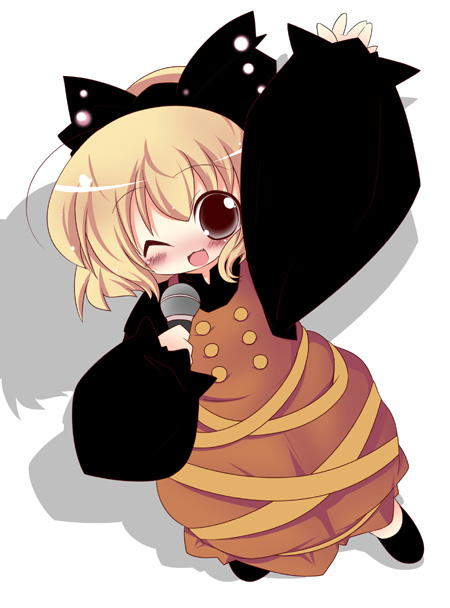 muuba, kurodani yamame, touhou, 1girl, ;d, black bow, blonde hair, blush, bow, brown dress, brown eyes, double-breasted, dress, female focus, hair bow, long sleeves, looking at viewer, microphone, one eye closed, open mouth, ponytail, smile, solo, tareme