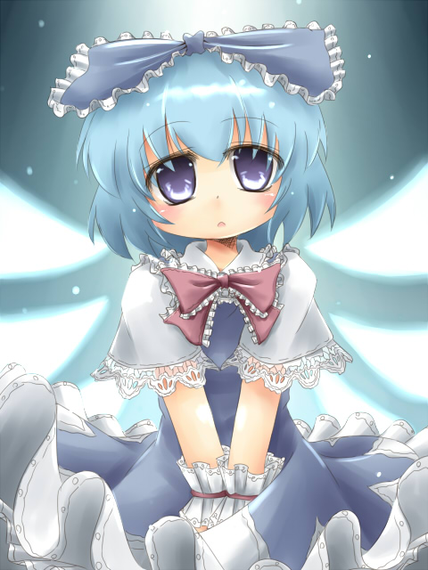 kakkou, cirno, embodiment of scarlet devil, touhou, 1girl, blue eyes, blue hair, bow, female focus, hair bow, matching hair/eyes, short hair, solo, wings