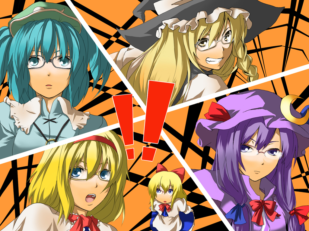 kinsenka, alice margatroid, kawashiro nitori, kirisame marisa, patchouli knowledge, shanghai doll, atlus, persona, persona 4, touhou, !, !!, 4girls, all-out attack, bespectacled, blonde hair, cut-in, fang, female focus, glasses, matching shanghai, multiple girls, open mouth, parody, two side up