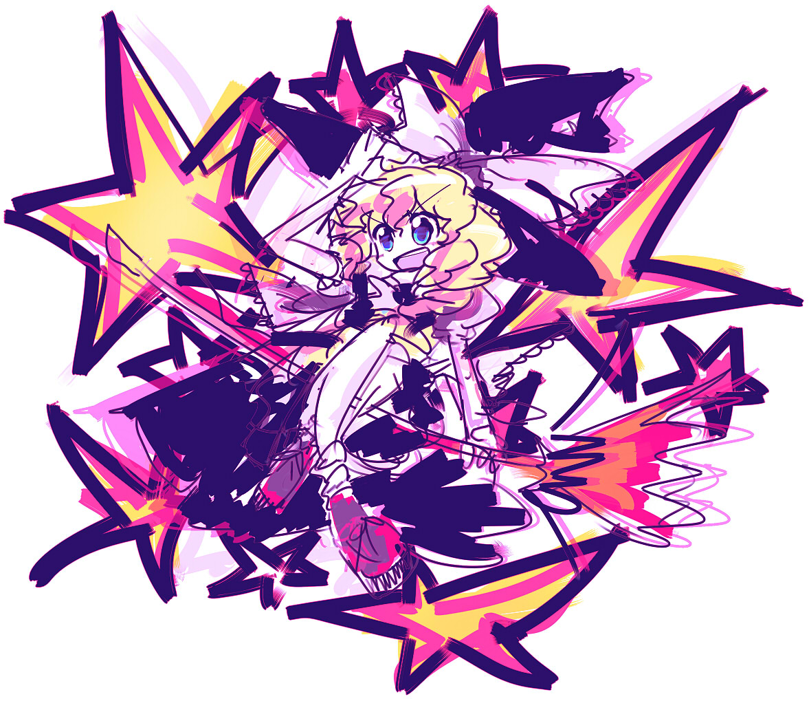 yoshioka yoshiko, kirisame marisa, touhou, scribble, 1girl, blonde hair, broom, broom riding, female focus, solo, star (symbol)
