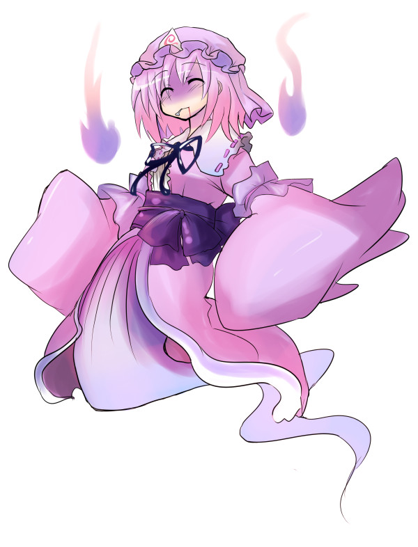 mirino, saigyouji yuyuko, touhou, 1girl, ^ ^, blood, bone, closed eyes, female focus, ghost, hat, hitodama, long sleeves, mouth hold, pink hair, short hair, simple background, sleeves past wrists, solo, wide sleeves