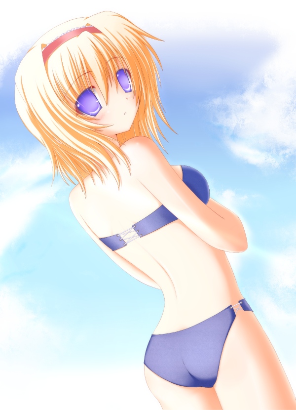 shirotsuki kouta, alice margatroid, touhou, 1girl, ass, back, bare shoulders, bikini, blonde hair, blue eyes, blue sky, blush, cloud, cowboy shot, day, dutch angle, female focus, from behind, hairband, looking at viewer, looking back, no pupils, purple bikini, purple eyes, short hair, sky, solo, strapless, strapless bikini, swimsuit, tube top