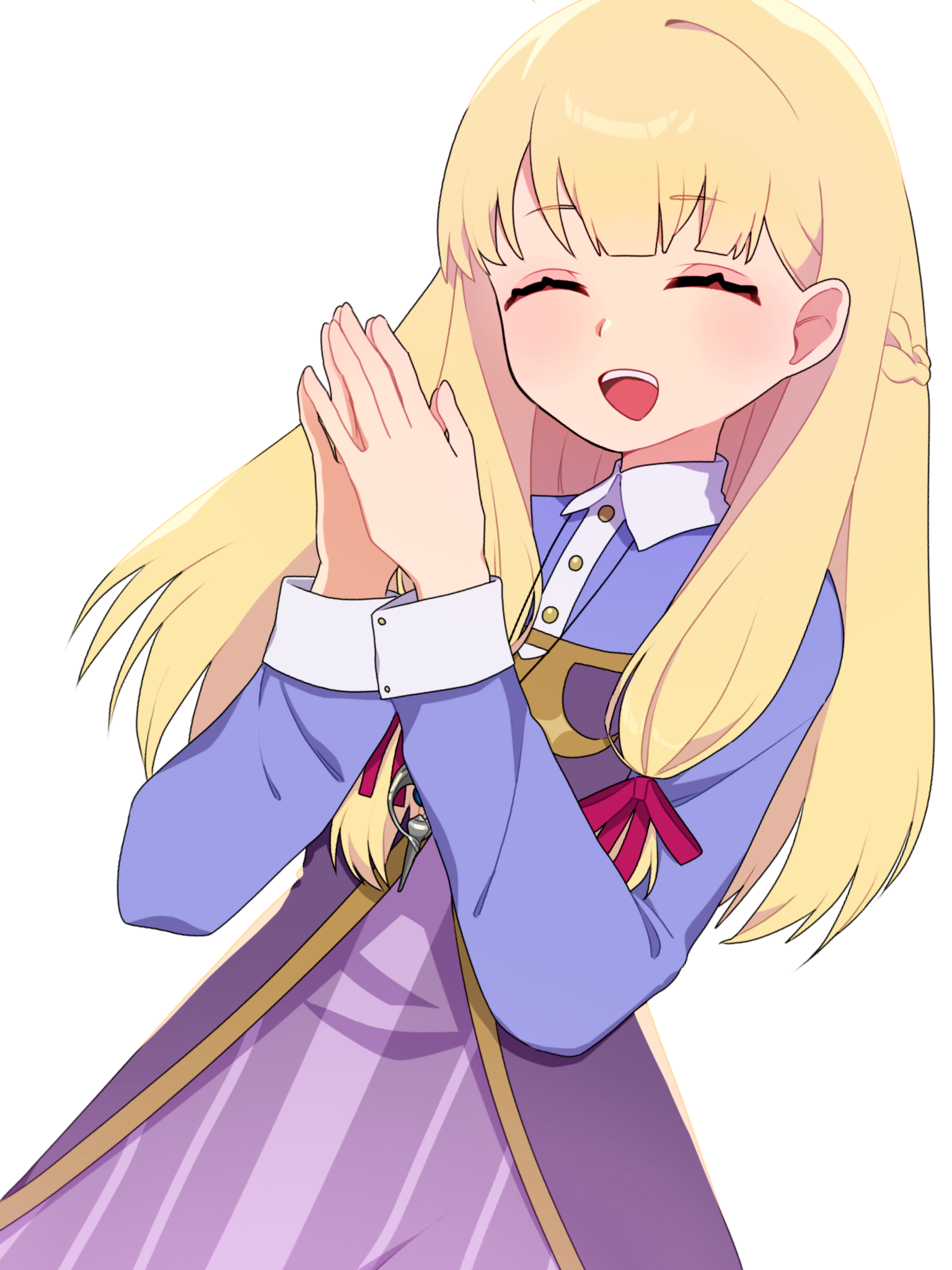 sonia (tales of crestoria), tales of (series), tales of crestoria, 1girl, blonde hair, blue shirt, closed eyes, hands up, long hair, open mouth, shirt, smile, solo, teeth, upper teeth only
