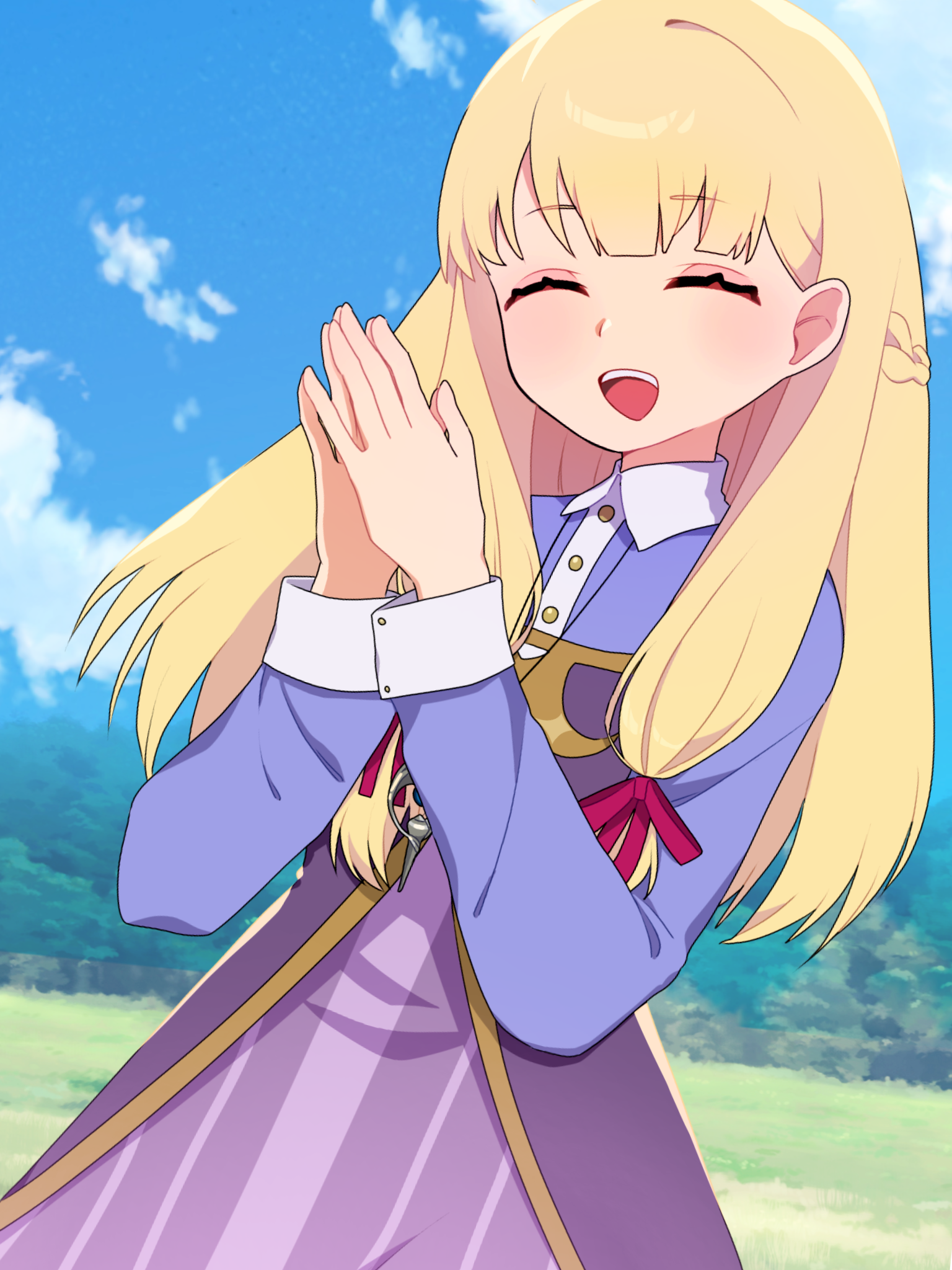 sonia (tales of crestoria), tales of (series), tales of crestoria, 1girl, blonde hair, blue shirt, closed eyes, hands up, long hair, open mouth, outdoors, shirt, smile, solo, teeth, upper teeth only