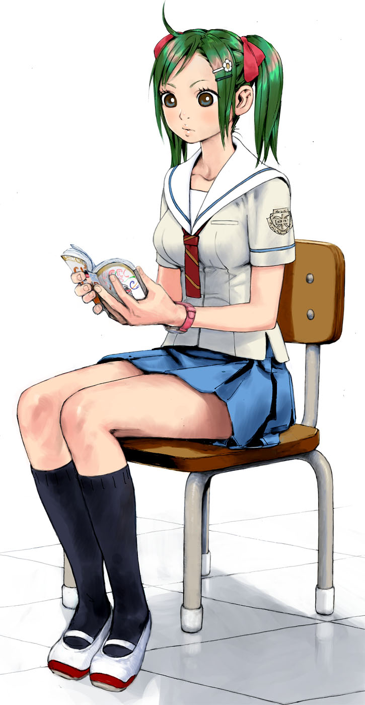 yasuda akira, bad id, bad pixiv id, highres, book, chair, green hair, open book, reading, ribbon, school uniform, serafuku, sitting, solo, twintails