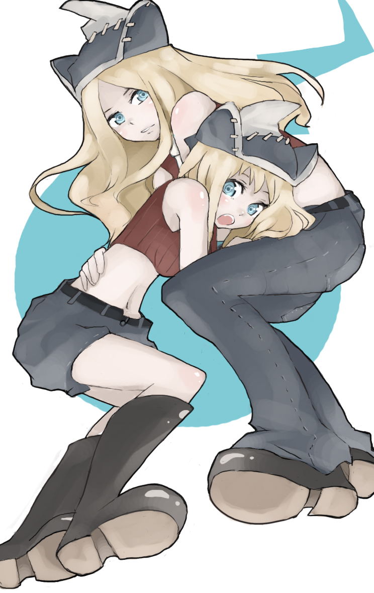 tansuke, elizabeth thompson, patricia thompson, soul eater, 00s, 2girls, bare shoulders, boots, hat, midriff, multiple girls, open mouth, pants, siblings, sisters, sleeveless, sleeveless turtleneck, turtleneck
