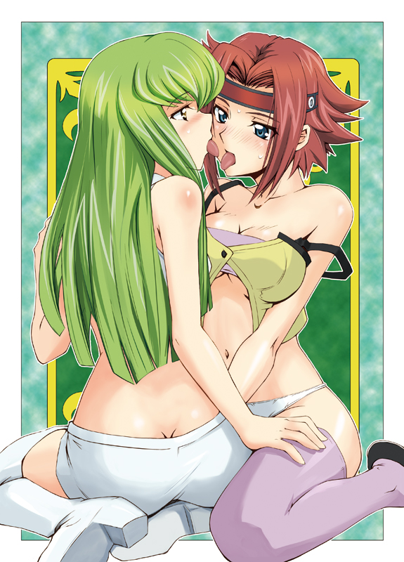 mutsuki ginji, c.c., kouzuki kallen, code geass, 00s, 2girls, blue eyes, boots, breasts, butt crack, cleavage, female focus, green hair, headband, high heels, kiss, long hair, multiple girls, panties, red hair, shoes, short hair, short shorts, shorts, thigh boots, thighhighs, tongue, underboob, underwear, white panties, yellow eyes, yuri