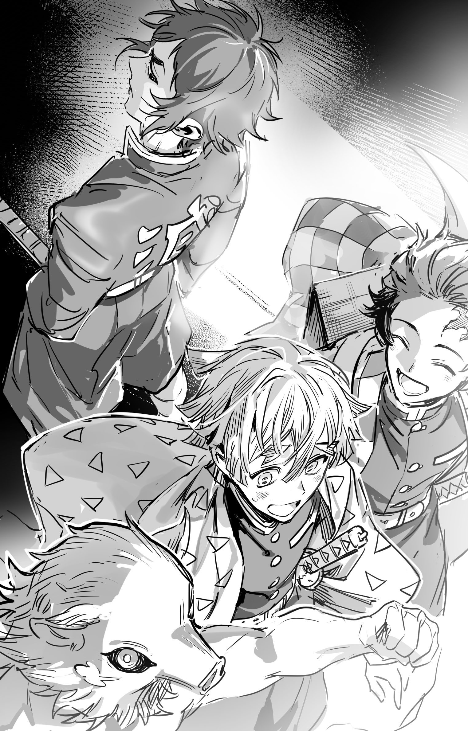 agatsuma zenitsu, hashibira inosuke, kaigaku, kamado tanjirou, kimetsu no yaiba, commentary request, highres, 3boys, ^ ^, boar mask, closed eyes, demon slayer uniform, donut tabetai, from above, greyscale, haori, japanese clothes, looking back, male focus, monochrome, multiple boys, open mouth, short hair, smile, triangle print