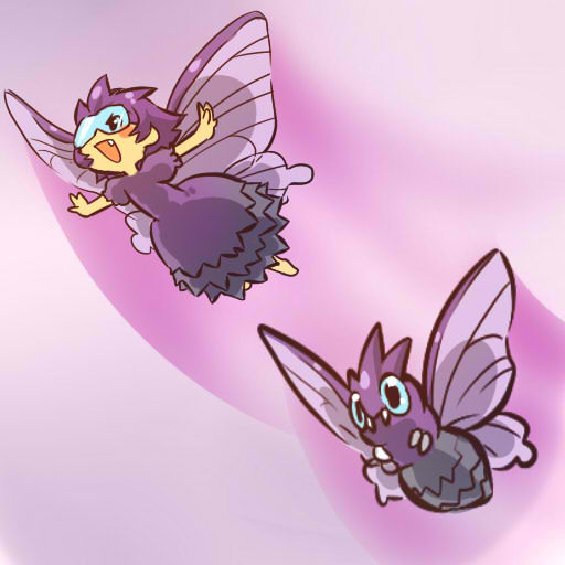 hitec, venomoth, moemon, nintendo, pokemon, pokemon rgby, 1990s (style), 1girl, barefoot, blue eyes, blush stickers, costume, creature and personification, dress, fang, flying, gen 1 pokemon, glasses, outstretched arms, personification, pokemon (creature), purple hair, retro artstyle, short hair, simple background