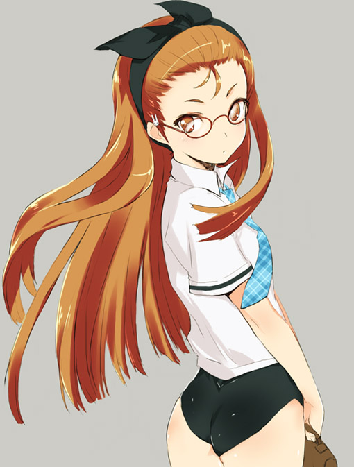 kawata hisashi, minase iori, idolmaster, idolmaster (classic), idolmaster 1, 00s, ass, bag, black one-piece swimsuit, bloomers, blouse, bow, brown eyes, brown hair, collared shirt, glasses, hair bow, looking back, necktie, no pants, one-piece swimsuit, rough time school, school swimsuit, school uniform, serafuku, shirt, solo, swimsuit, swimsuit under clothes, underwear, white shirt