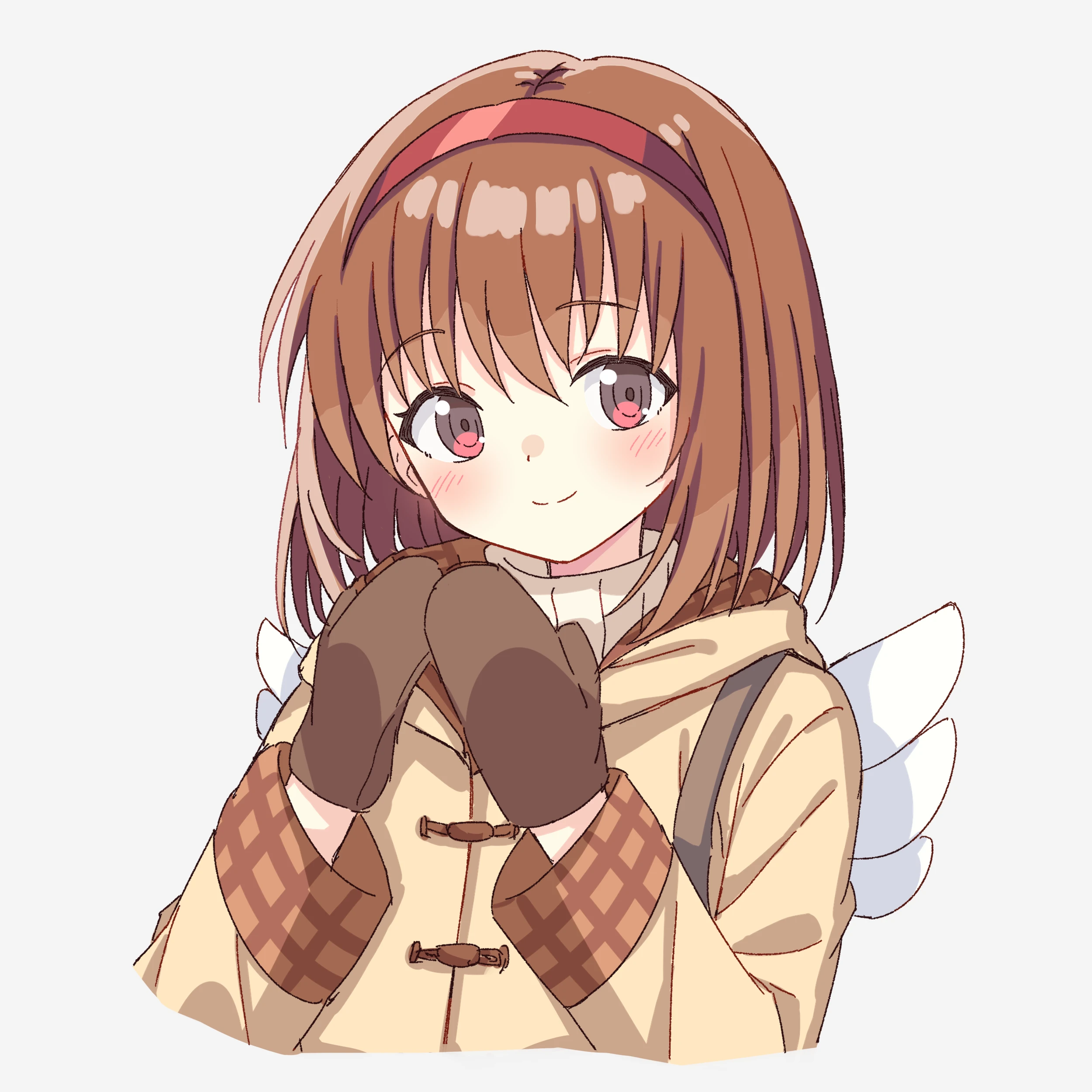 setteiset, tsukimiya ayu, kanon, absurdres, highres, 1girl, angel wings, blush, brown hair, brown mittens, closed mouth, coat, cropped torso, fake wings, grey hair, hair between eyes, hairband, hands up, happy, hood, hood down, long sleeves, looking at viewer, mittens, own hands together, plaid clothes, plaid sleeves, red eyes, red hairband, short hair, simple background, smile, solo, upper body, white background, white wings, wide sleeves, wings, yellow coat