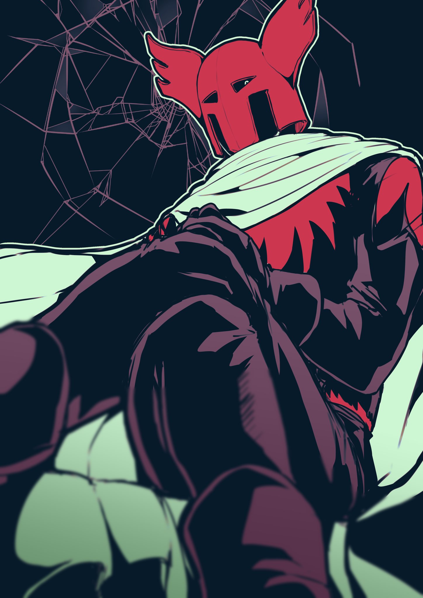 otyumamii, character request, check gender, commentary request, copyright request, gender request, highres, 1boy, black background, black gloves, black pants, blurry, crack, cracked wall, crossed legs, depth of field, gloves, helmet, looking at viewer, looking down, male focus, one eye in shadow, pants, red helmet, scarf, sitting, solo, white eyes, white scarf, winged helmet