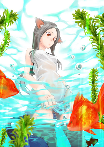 shidatsu takayuki, neko no hito, 1girl, animal ears, black hair, breasts, brown hair, bubble, cat ears, cat girl, cat tail, clothes lift, dress, female focus, fish, goldfish, long hair, nature, plant, red eyes, skirt, skirt hold, skirt lift, solo, tail, water