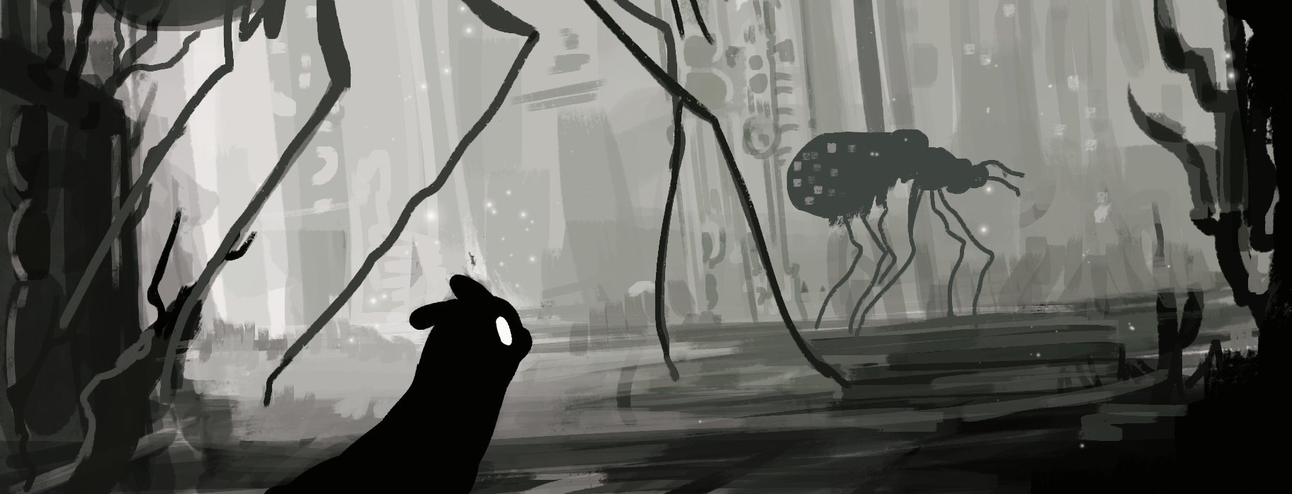 ne lu, slugcat, watcher (rain world), rain world, commentary, english commentary, hashtag-only commentary, highres, creature, greyscale, loach (rain world), looking at creature, monochrome, no humans, no mouth, outdoors, sketch, white eyes